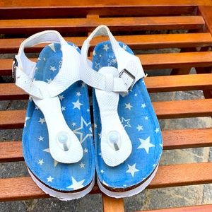 Blue and white Birkenstocks sandals!